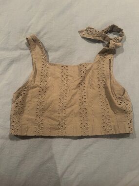 Zara Beige Eyelet Cropped Tie-Shoulder Top
